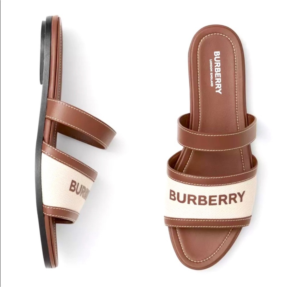 BURBERRY - WOMEN’S SIZE 37.5 LOGO STRAP CANVAS LEATHER SANDALS